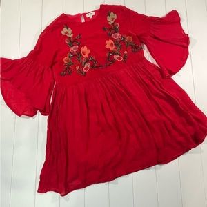 Umgee Red Embroidered Floral Boho Dress Size Medium